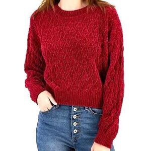 Pink Rose Chenille Cable Knit Sweater Red Holiday